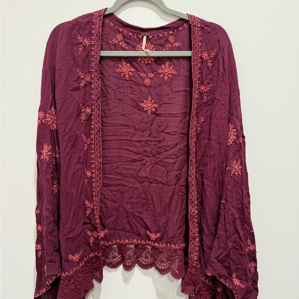 Free People Burgundy Embroidered Cardigan
